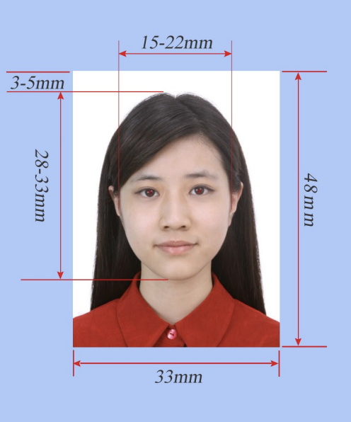 Standard China visa photo example showing correct format: 33mm x 48mm with plain white background, neutral expression, and proper head positioning